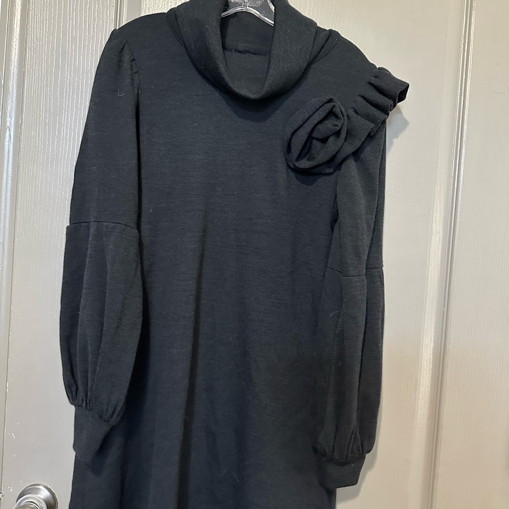 Black Cowl Neck Dress with Puff Sleeves Rose Vava by Joy Han Large Womens Dress